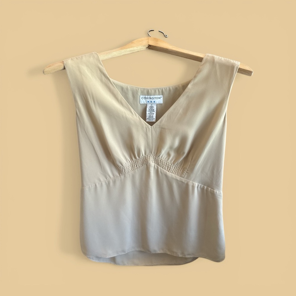 Covington Light Cream V-Neck Sleeveless Top Milkmaid Work Casual Coquette Blouse